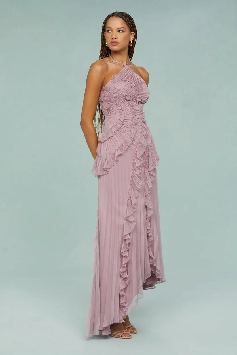 Pleated Frill Halter Neck Maxi Dress Aviero Madrid