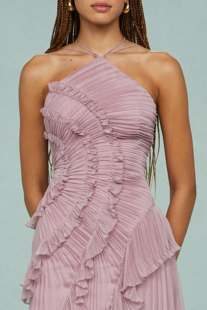 Pleated Frill Halter Neck Maxi Dress Aviero Madrid