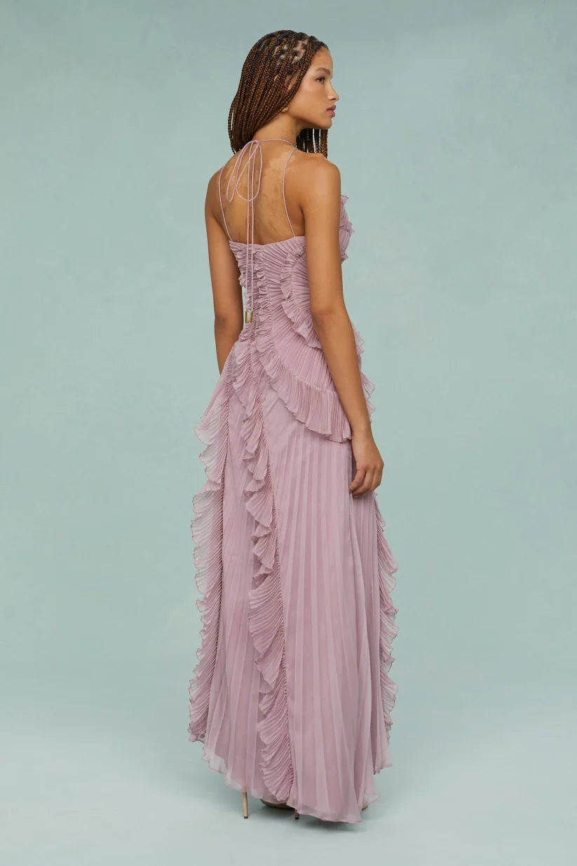 Pleated Frill Halter Neck Maxi Dress Aviero Madrid