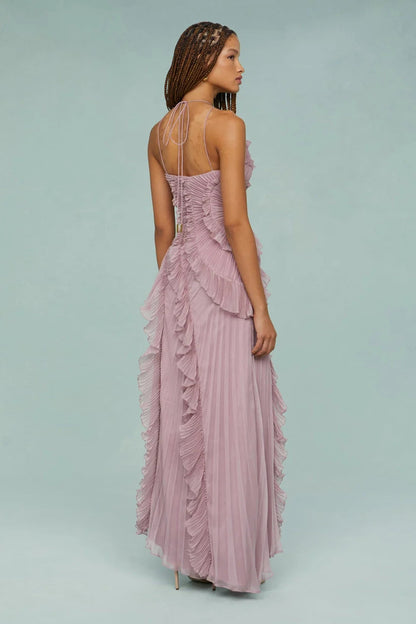 Pleated Frill Halter Neck Maxi Dress Aviero Madrid