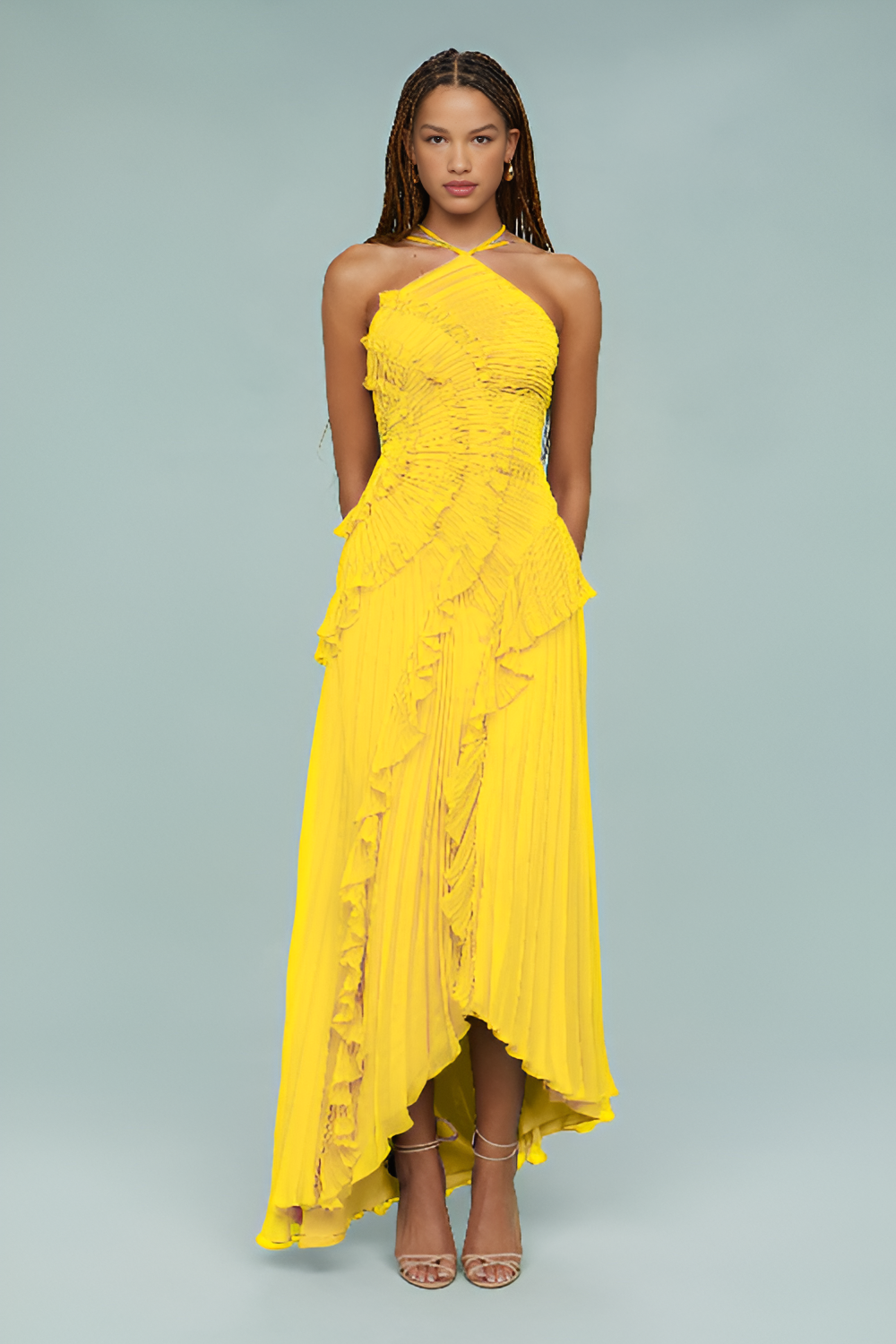 Pleated Frill Halter Neck Maxi Dress Aviero Madrid