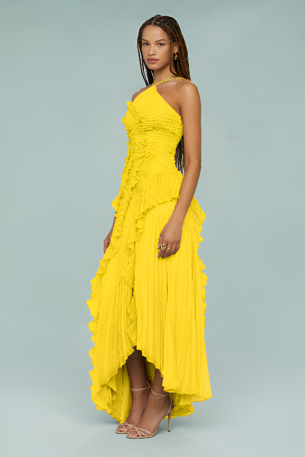 Pleated Frill Halter Neck Maxi Dress Aviero Madrid