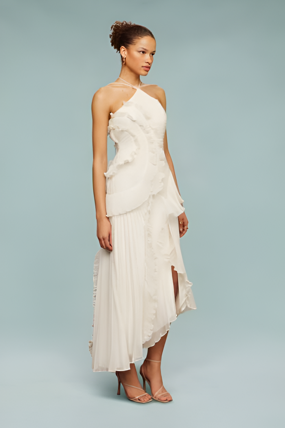 Pleated Frill Halter Neck Maxi Dress Aviero Madrid