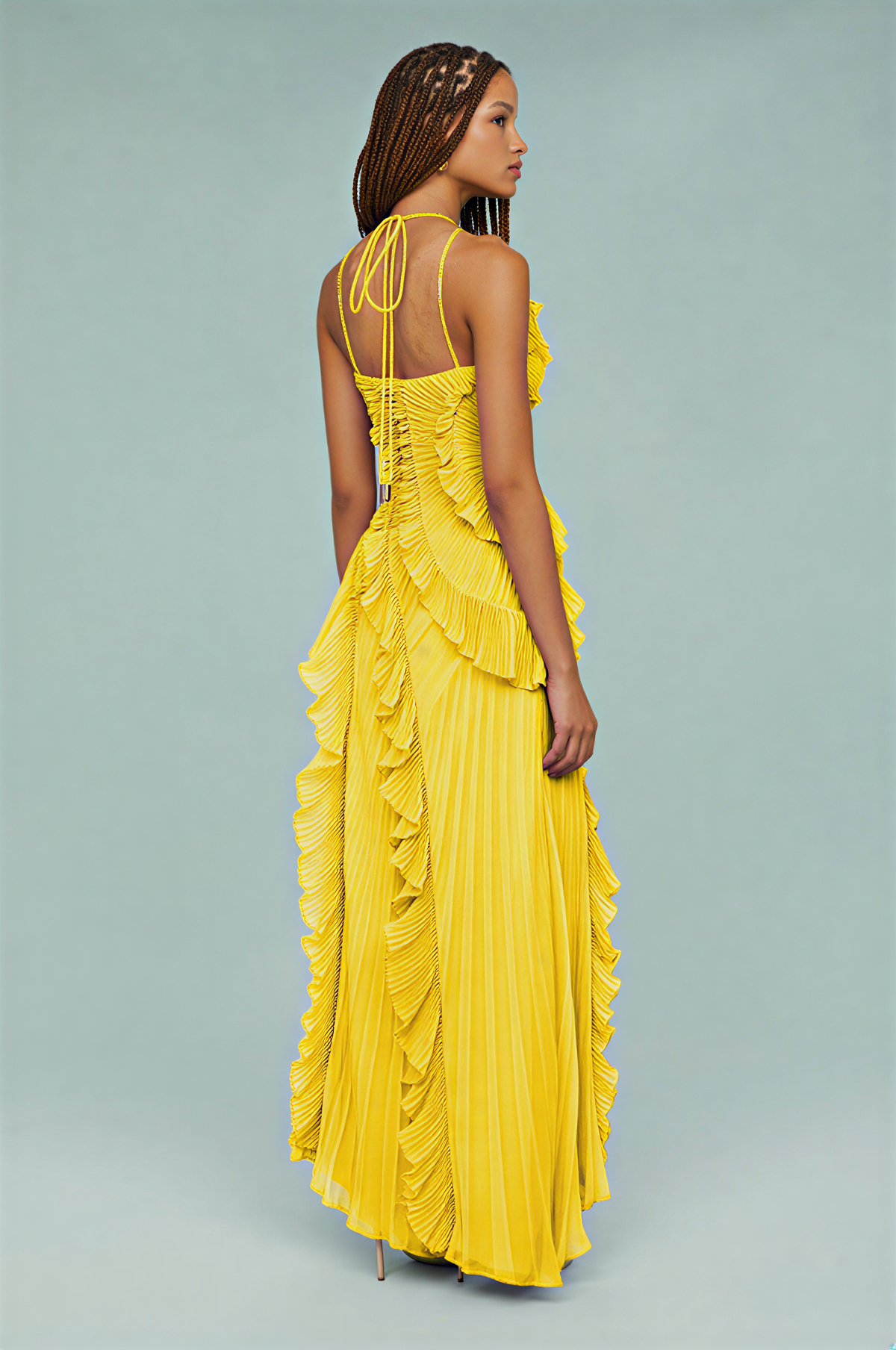 Pleated Frill Halter Neck Maxi Dress Aviero Madrid