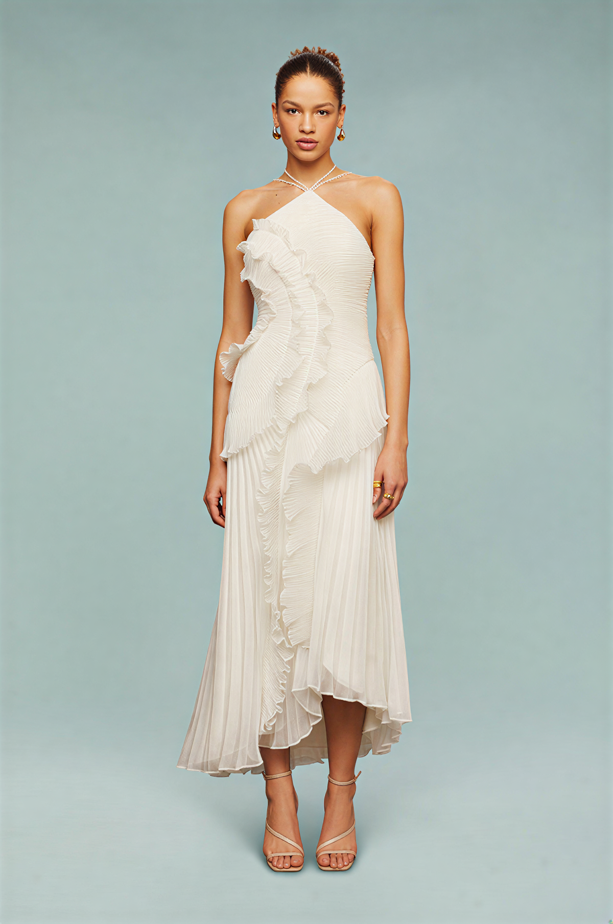 Pleated Frill Halter Neck Maxi Dress Aviero Madrid
