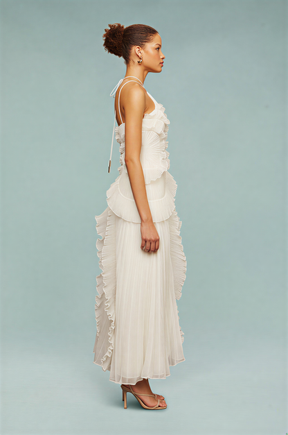 Pleated Frill Halter Neck Maxi Dress Aviero Madrid